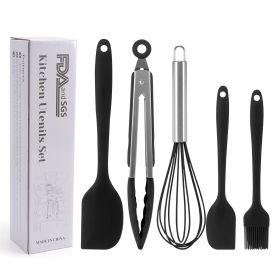 Silicone Cook Utensils;  5 Piece Kitchen Cooking Set;  Includes Large Spatula;  Small Spatula;  Grease Brush;  Food Clamp;  Whisk (color: Black)