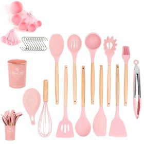 33pcs Set Wooden Handle Silicone Kitchen Utensils 33 Pieces Set Silicone Spoon Shovel Kitchen Gadgets Set Silicone Kitchen Utensils (color: Pink)