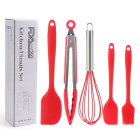Silicone Cook Utensils;  5 Piece Kitchen Cooking Set;  Includes Large Spatula;  Small Spatula;  Grease Brush;  Food Clamp;  Whisk (color: Red)
