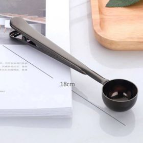 Two-in-one Stainless Steel Coffee Spoon Sealing Clip Kitchen Gold Accessories Recipient Cafe Expresso Cucharilla Decoration (color: Black)