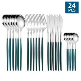 24pcs/Set Stainless Steel Cutlery; Portuguese Cutlery Spoon; Western Cutlery Set (color: Silver + Green)