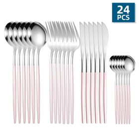 24pcs/Set Stainless Steel Cutlery; Portuguese Cutlery Spoon; Western Cutlery Set (color: Silver + Powder)