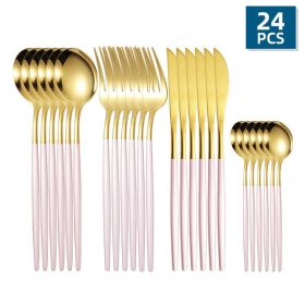 24pcs/Set Stainless Steel Cutlery; Portuguese Cutlery Spoon; Western Cutlery Set (color: Gold + Pink)