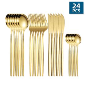 24pcs/Set Stainless Steel Cutlery; Portuguese Cutlery Spoon; Western Cutlery Set (color: Golden)