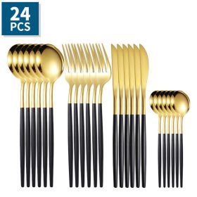 24pcs/Set Stainless Steel Cutlery; Portuguese Cutlery Spoon; Western Cutlery Set (color: Gold + Black)